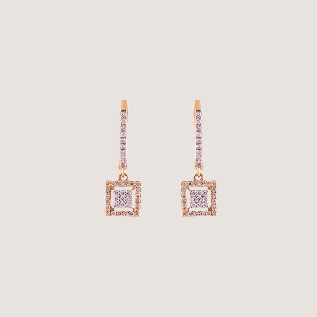 18K Gold and Diamonds Vintage Style Cluster Square Earring