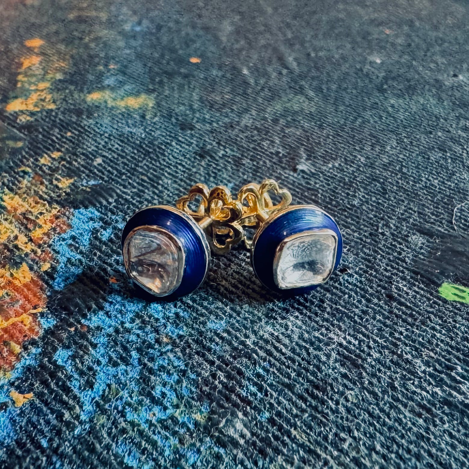 18K Gold Polki Stud Earrings with Blue Enamel Tisya Jewels