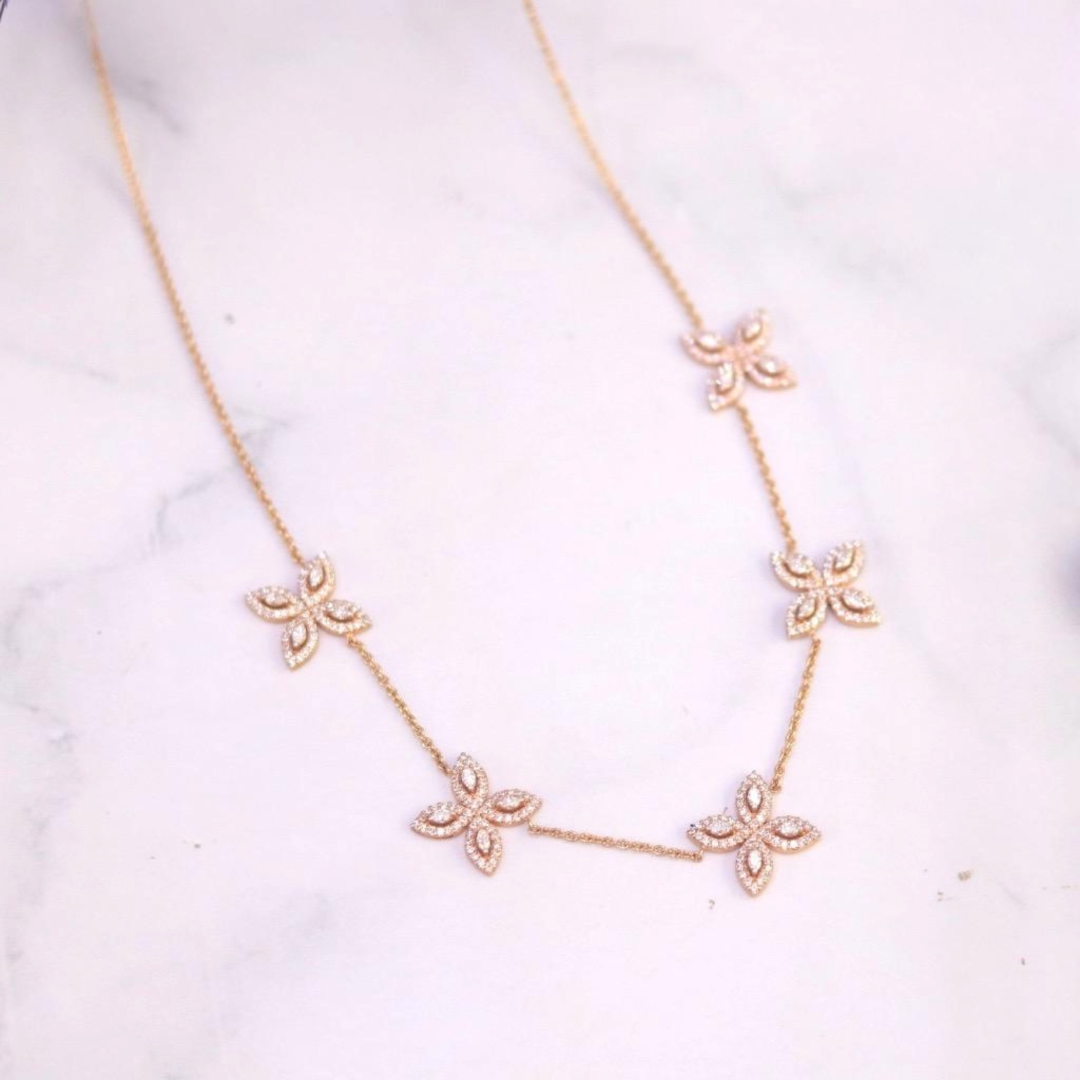 18K Gold and Diamond Marquise Petal Chain Necklace