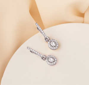 18K Gold and Diamond Oval Earrings in Halo Setting with English Lock