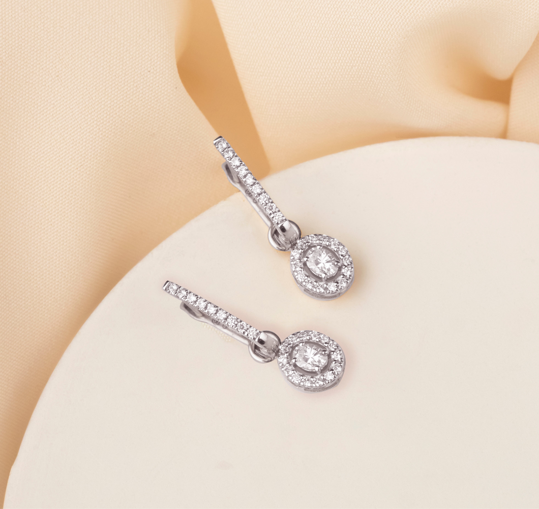18K Gold and Diamond Oval Earrings in Halo Setting with English Lock
