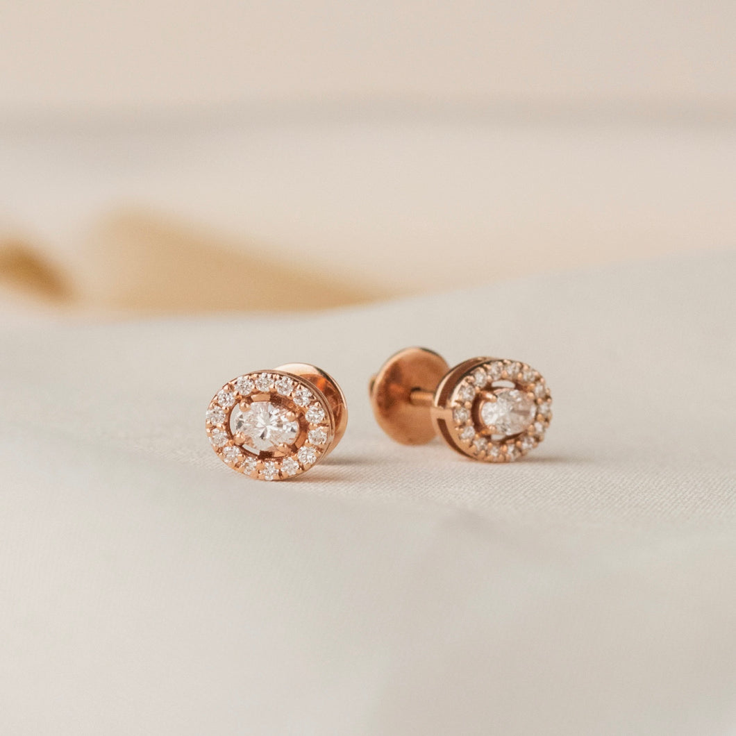 18K Gold Oval Shaped Diamond Earrings with Halo