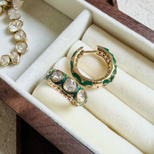 Load image into Gallery viewer, 18K Gold Polki Hoop Earrings with Green Enamel

