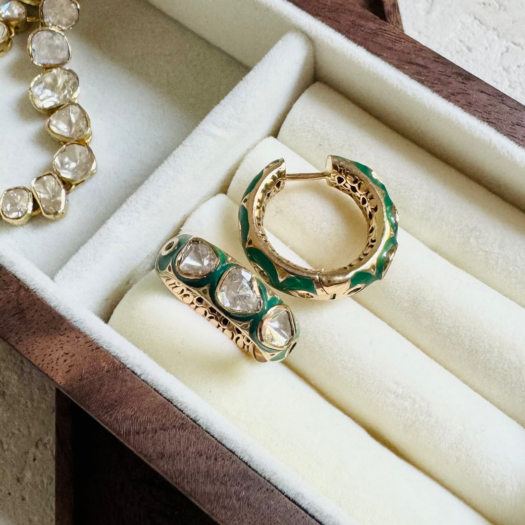 18K Gold Polki Hoop Earrings with Green Enamel