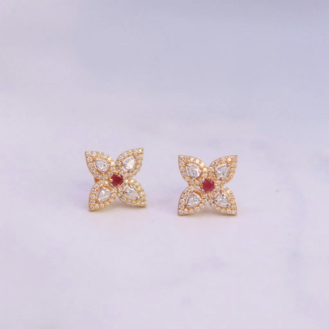 18K Yellow Gold, Diamond and Ruby Petal Earrings