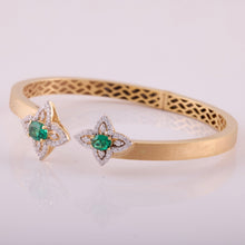 Load image into Gallery viewer, 18K Gold, Diamonds and Emeralds Star Cuff Bangle in Brushed Gold Finish
