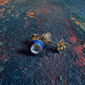 18K Gold Polki Stud Earrings with Blue Enamel