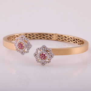 18K Gold, Diamonds and Rubies Star Cuff Bangle in Brushed Gold Finish