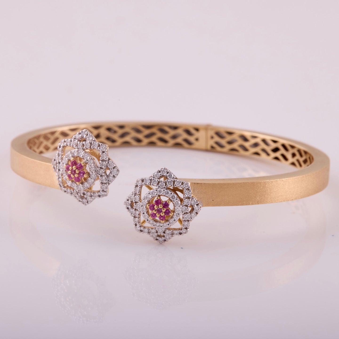 18K Gold, Diamonds and Rubies Star Cuff Bangle in Brushed Gold Finish