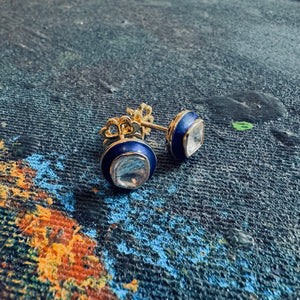 18K Gold Polki Stud Earrings with Blue Enamel