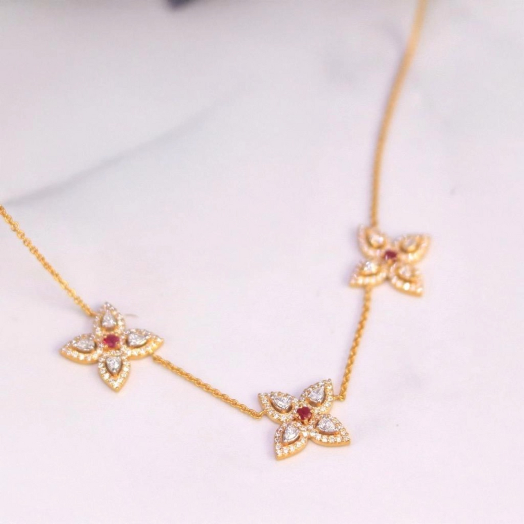 18K Yellow Gold, Diamond and Ruby Petal Chain Necklace