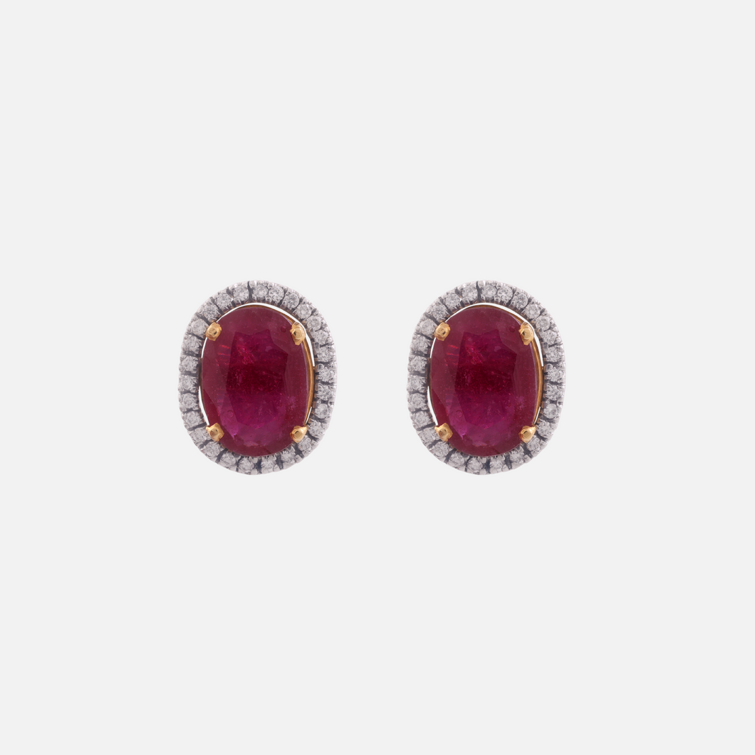 18K Gold Oval Ruby Earrings with Diamonds