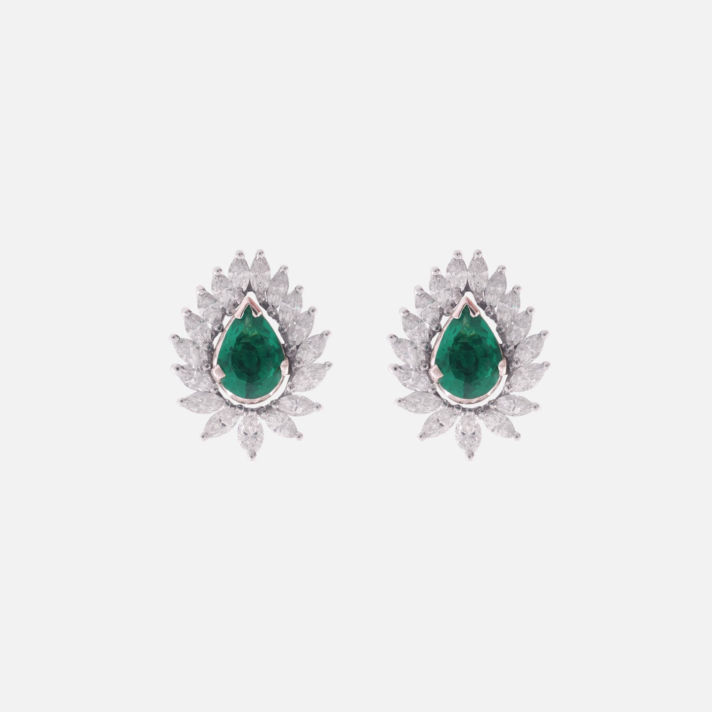 18K White Gold Pear Shaped Emerald Earrings with Diamond Jacket